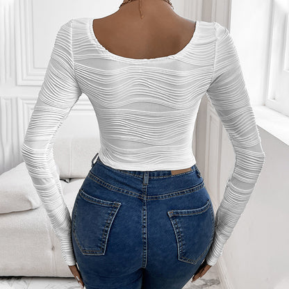 Slim Fit Long-Sleeve Top with Pleated Texture and Curved Hem