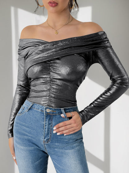 Metallic Off-Shoulder Top with Ruched Bodice