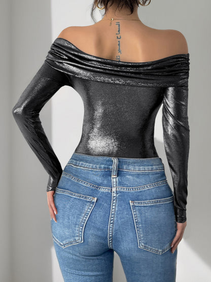 Metallic Off-Shoulder Top with Ruched Bodice