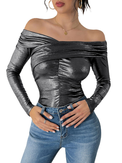 Metallic Off-Shoulder Top with Ruched Bodice