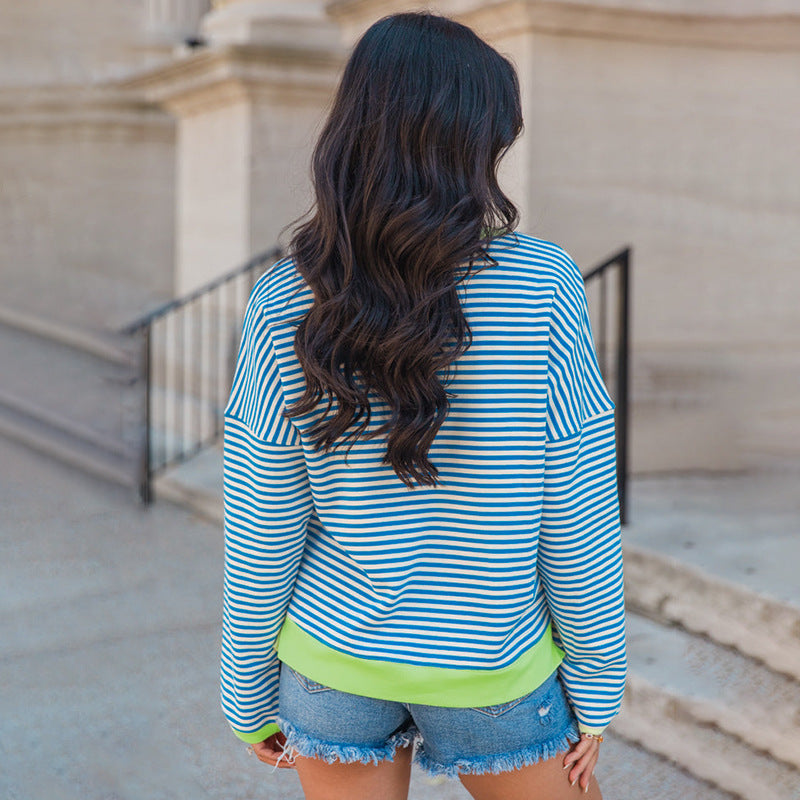 Loose Striped Long-Sleeve Top with Contrast Trim