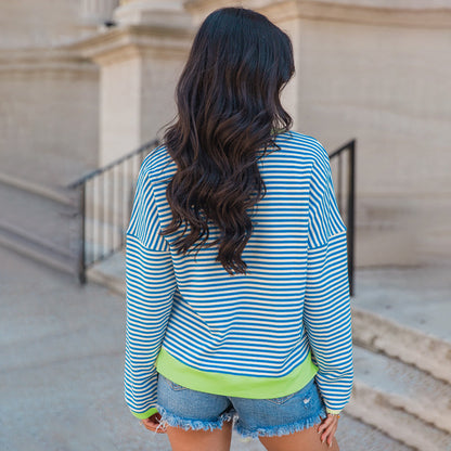 Loose Striped Long-Sleeve Top with Contrast Trim