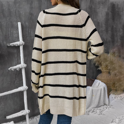 Mid-Length Striped Knitted Cardigan with Button Front