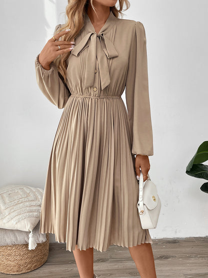 Solid A-Line Pleated Midi Dress with Pussy-Bow and Puff Sleeves