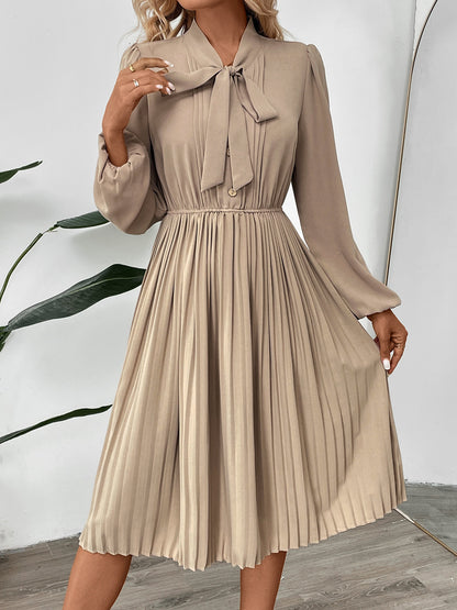 Solid A-Line Pleated Midi Dress with Pussy-Bow and Puff Sleeves