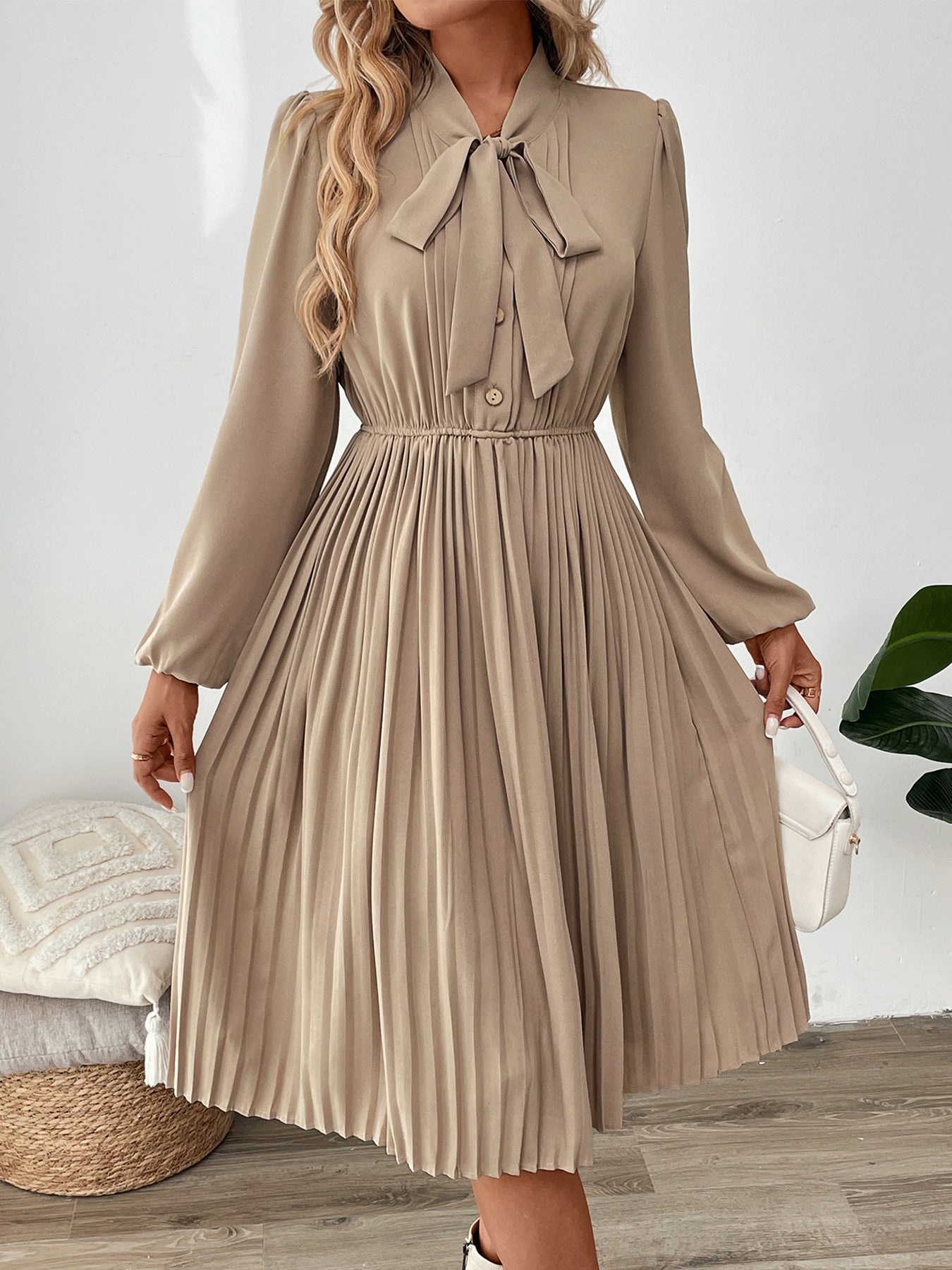 Solid A-Line Pleated Midi Dress with Pussy-Bow and Puff Sleeves