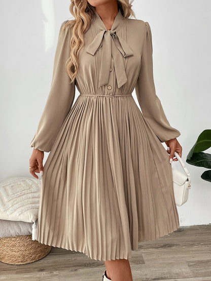 Solid A-Line Pleated Midi Dress with Pussy-Bow and Puff Sleeves