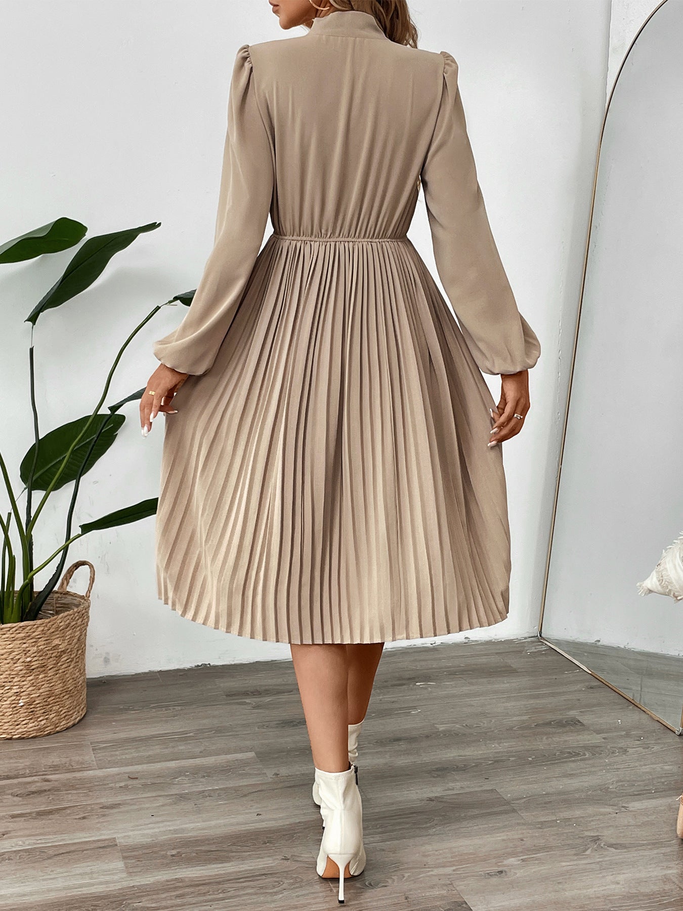 Solid A-Line Pleated Midi Dress with Pussy-Bow and Puff Sleeves