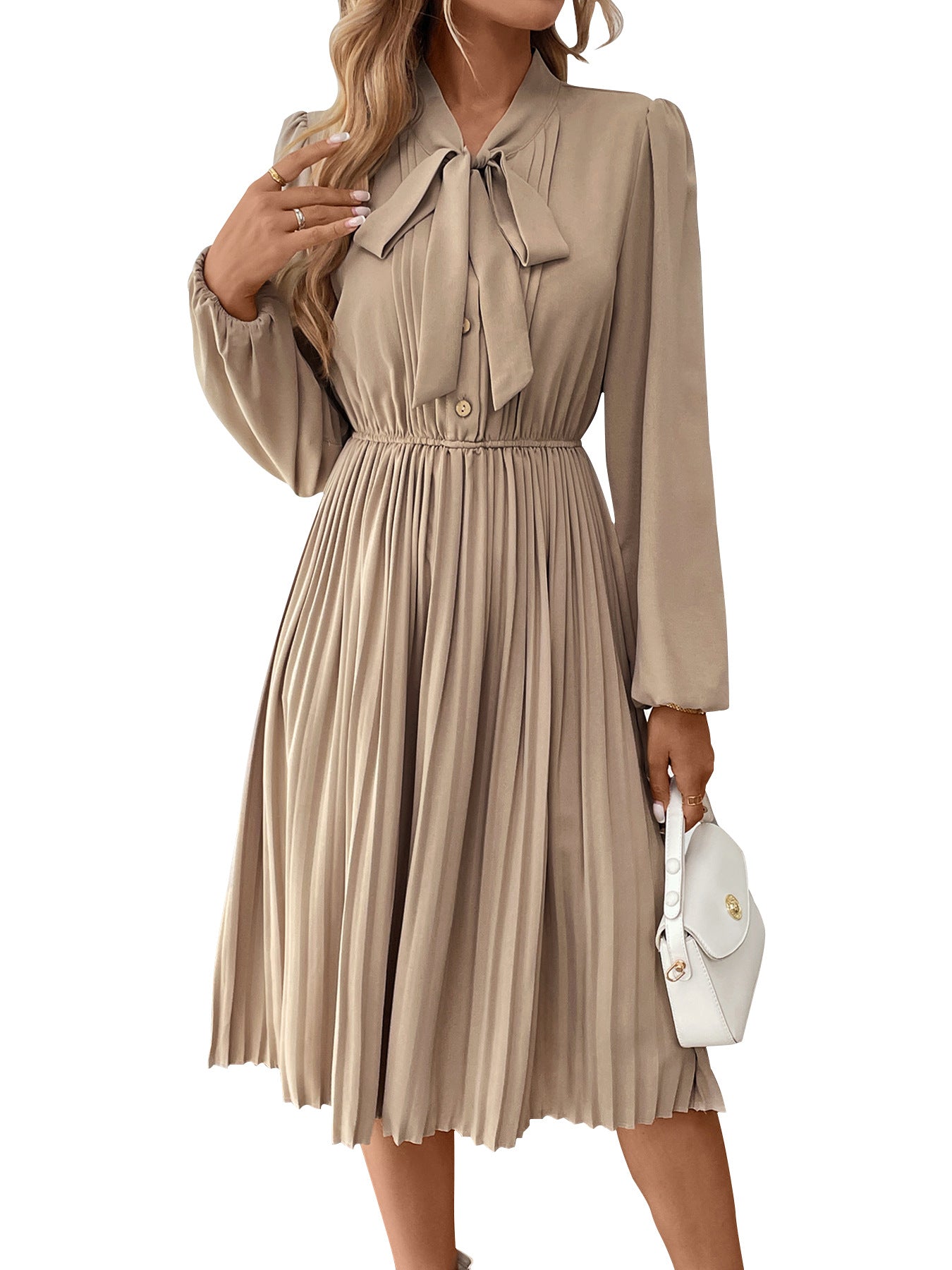 Solid A-Line Pleated Midi Dress with Pussy-Bow and Puff Sleeves