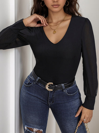 Bodycon V-Neck Bodysuit with Sheer Puff Sleeves
