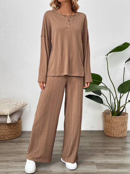 Textured Henley Top and Wide-Leg Pant Set