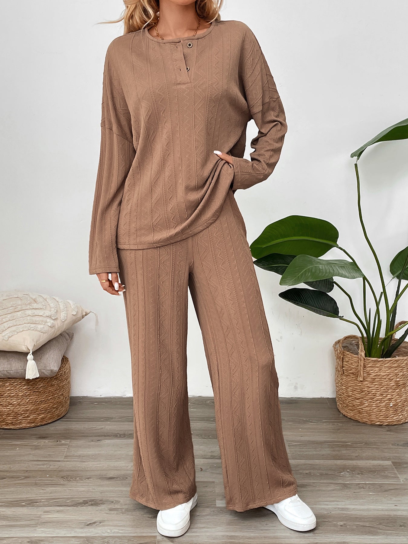 Textured Henley Top and Wide-Leg Pant Set