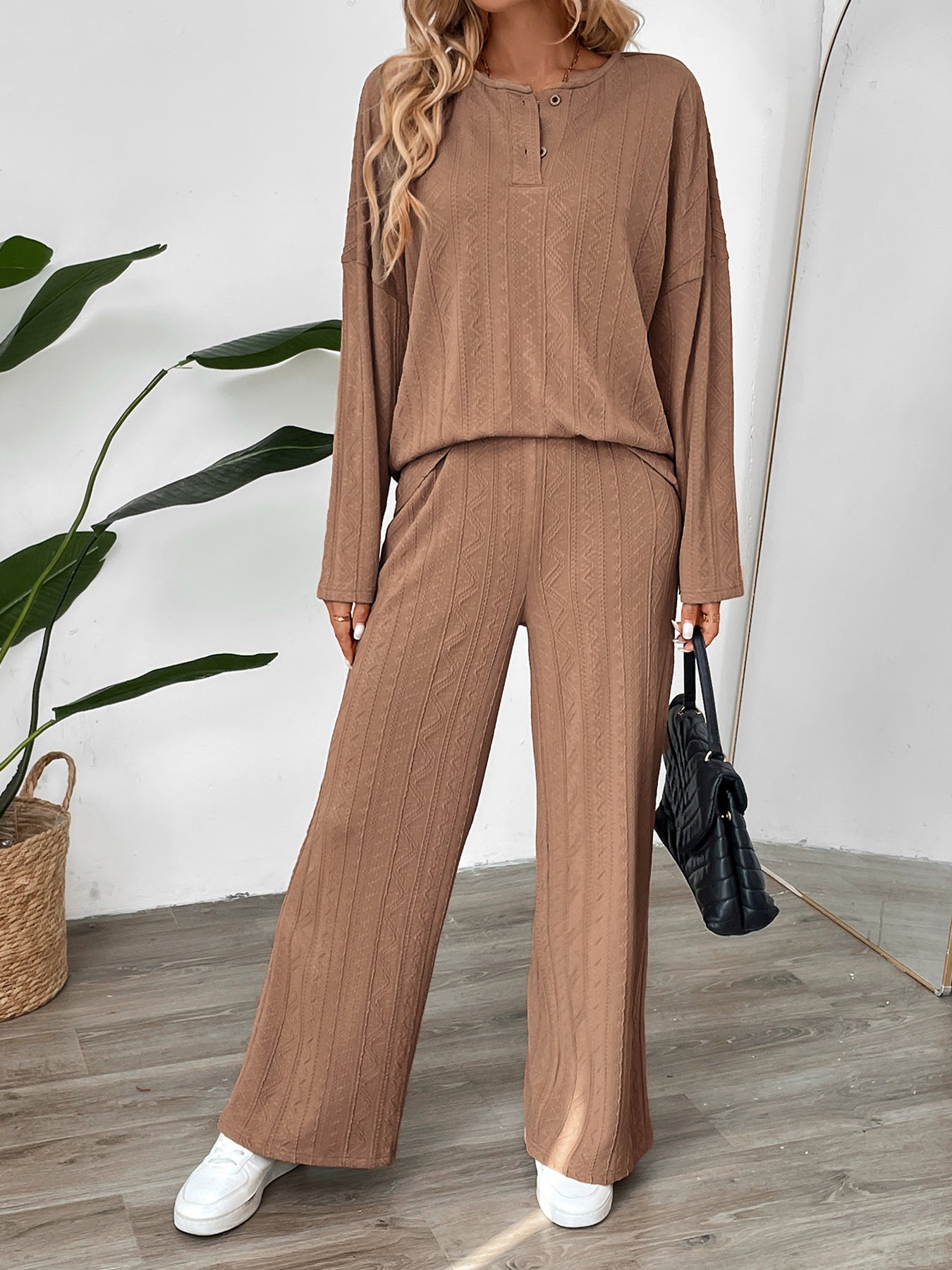 Textured Henley Top and Wide-Leg Pant Set