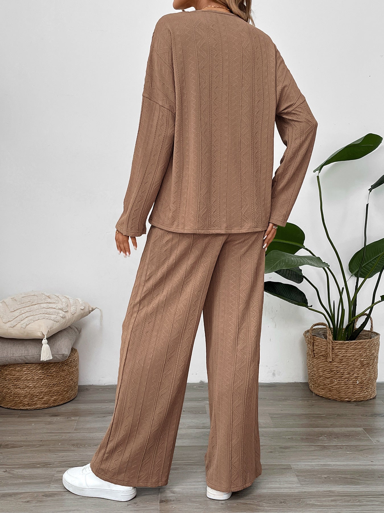 Textured Henley Top and Wide-Leg Pant Set