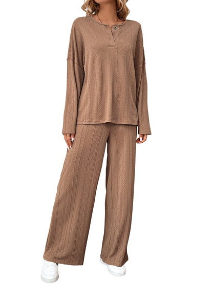 Textured Henley Top and Wide-Leg Pant Set