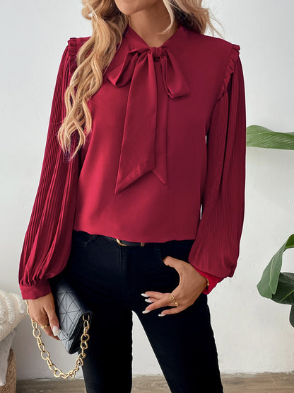 Solid Blouse with Tie-Neck Bow and Pleated Lantern Sleeves