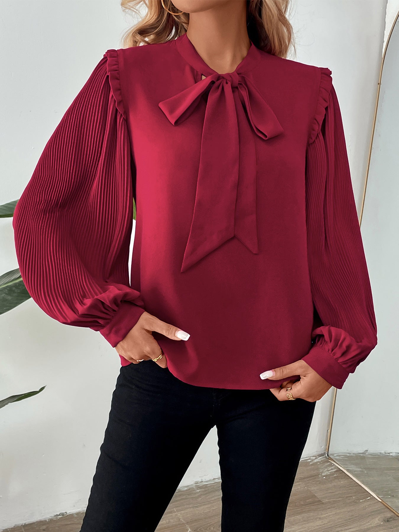 Solid Blouse with Tie-Neck Bow and Pleated Lantern Sleeves