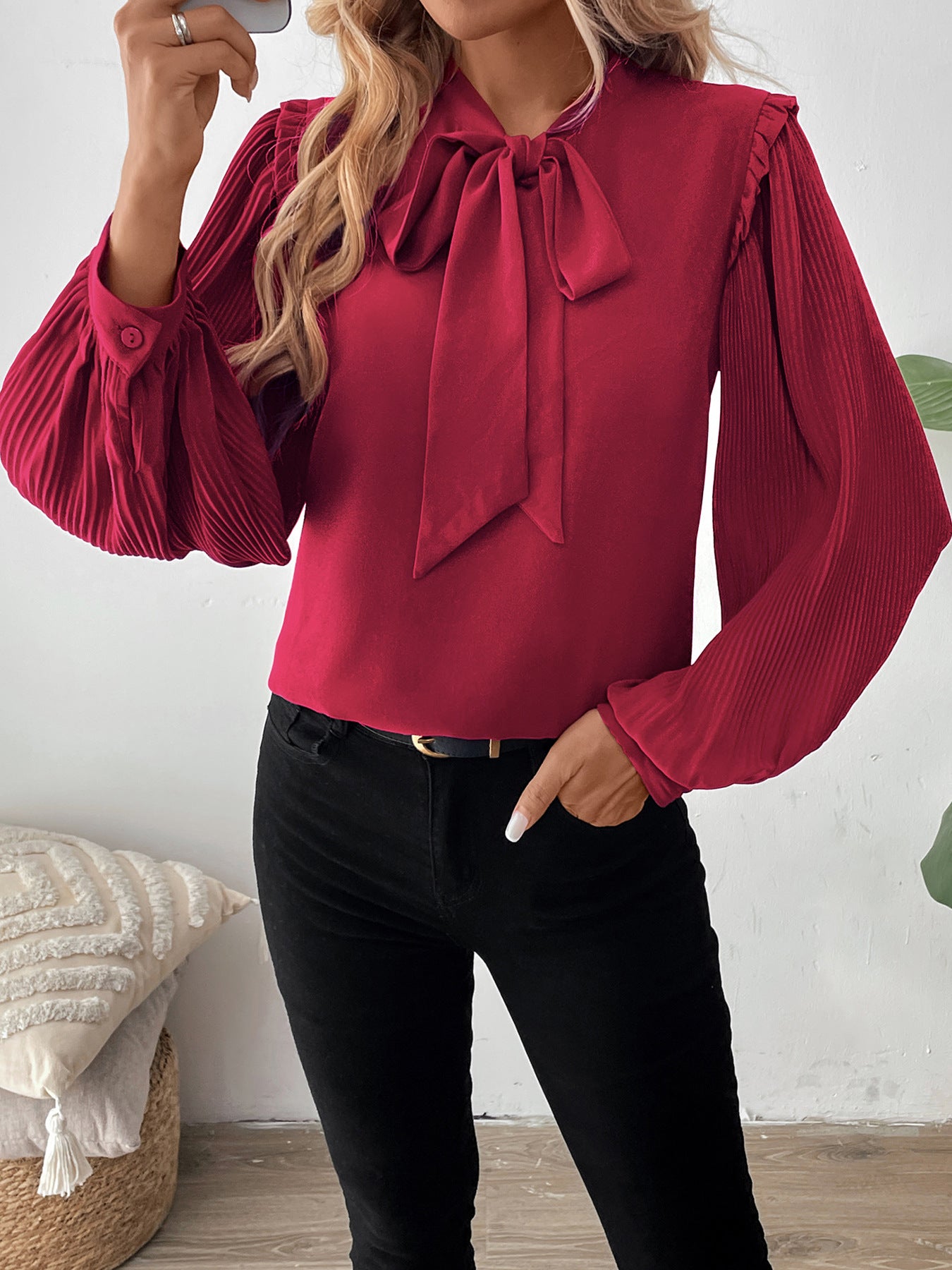 Solid Blouse with Tie-Neck Bow and Pleated Lantern Sleeves