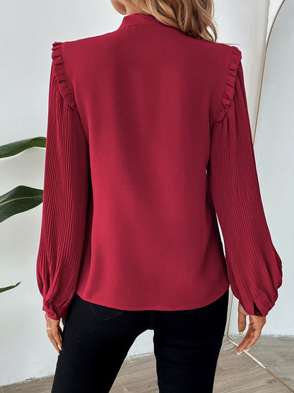 Solid Blouse with Tie-Neck Bow and Pleated Lantern Sleeves