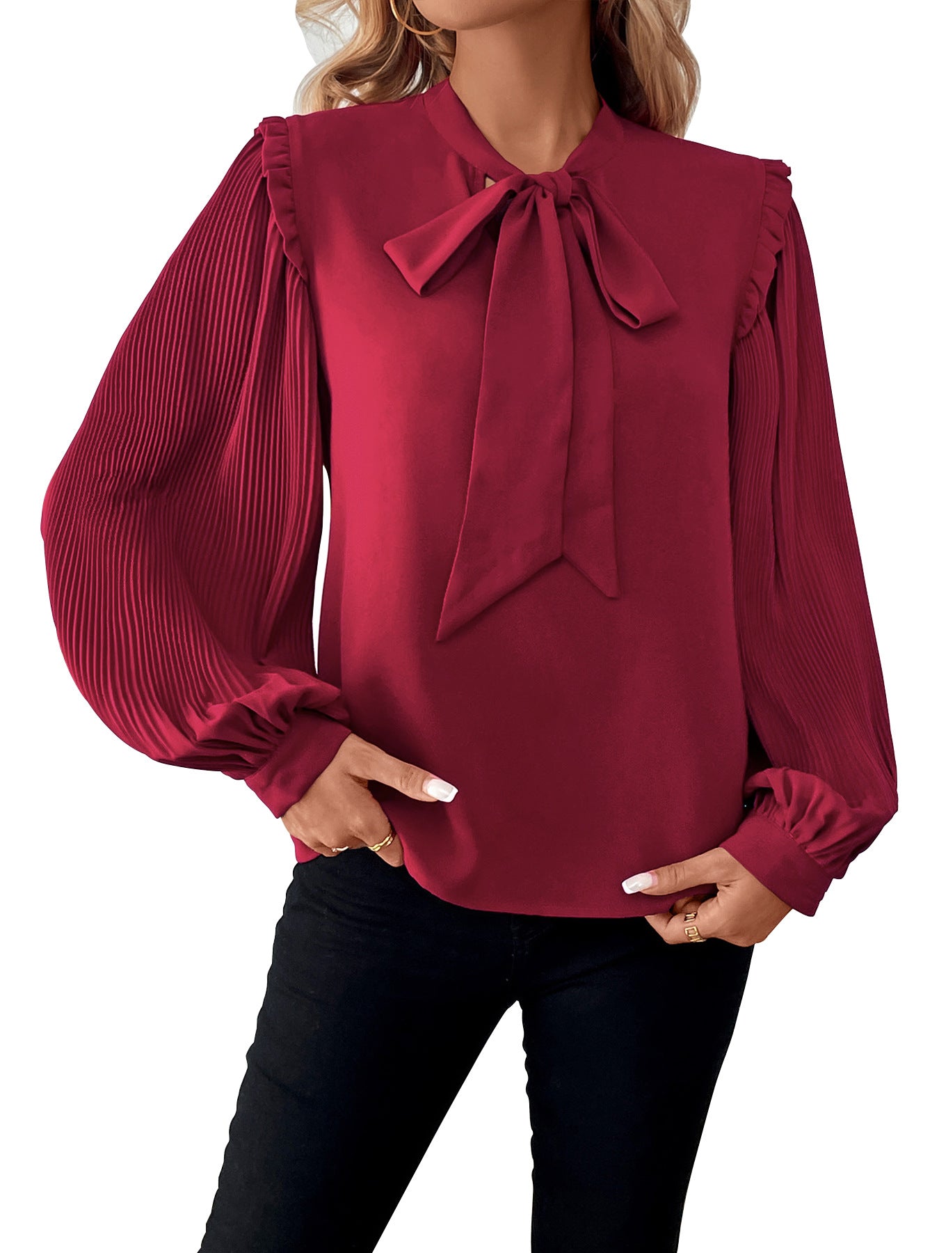 Solid Blouse with Tie-Neck Bow and Pleated Lantern Sleeves