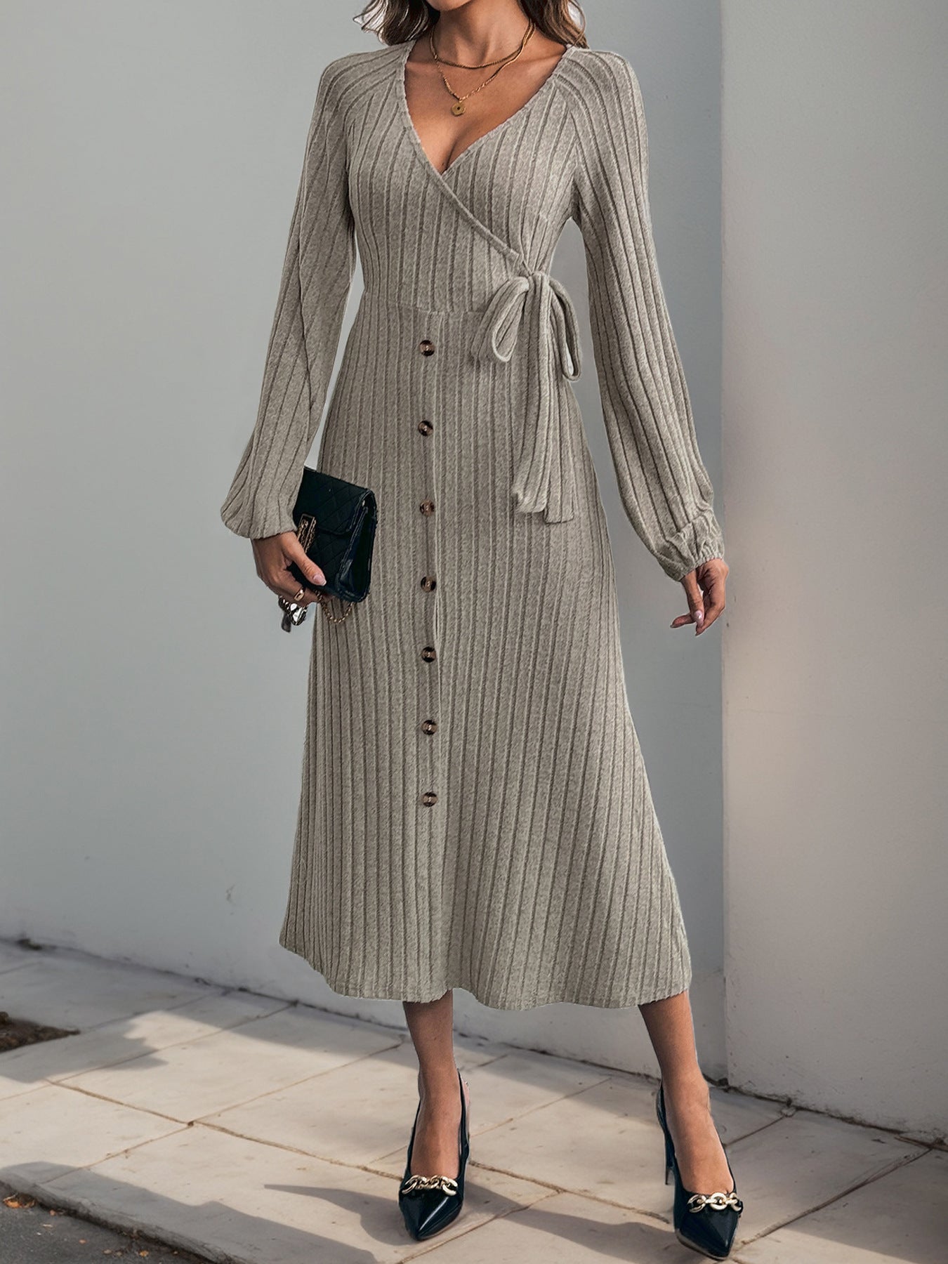 Solid Ribbed Knit Midi Dress with Wrap V-Neck and Button Front