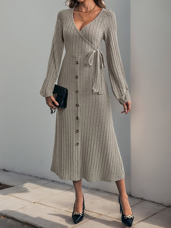 Solid Ribbed Knit Midi Dress with Wrap V-Neck and Button Front