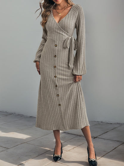 Solid Ribbed Knit Midi Dress with Wrap V-Neck and Button Front