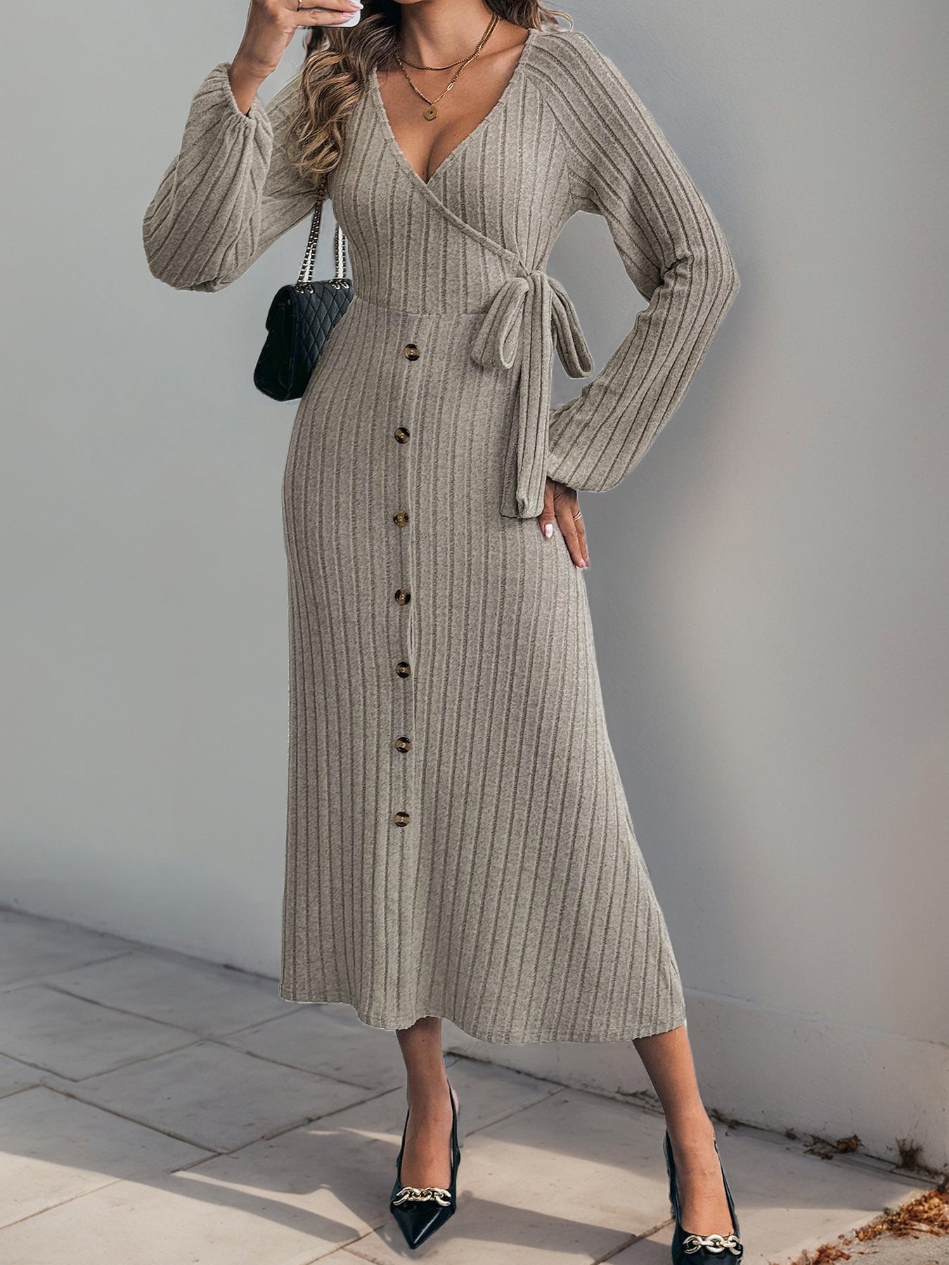Solid Ribbed Knit Midi Dress with Wrap V-Neck and Button Front