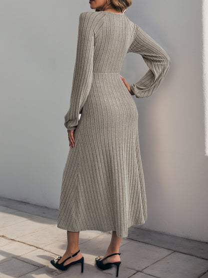 Solid Ribbed Knit Midi Dress with Wrap V-Neck and Button Front