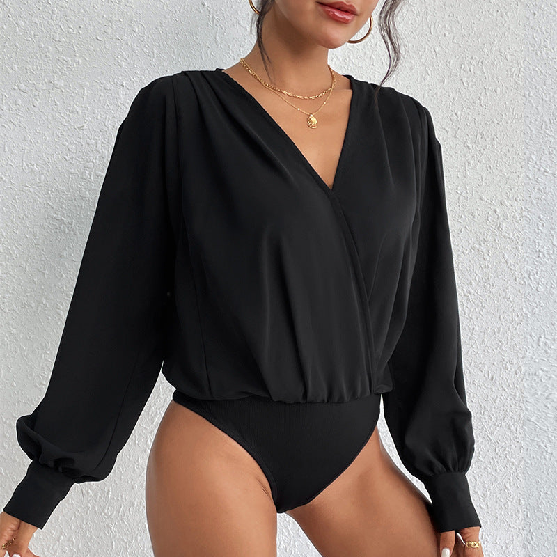 Blouson Bodysuit with Wrap V-Neck and Lantern Sleeves