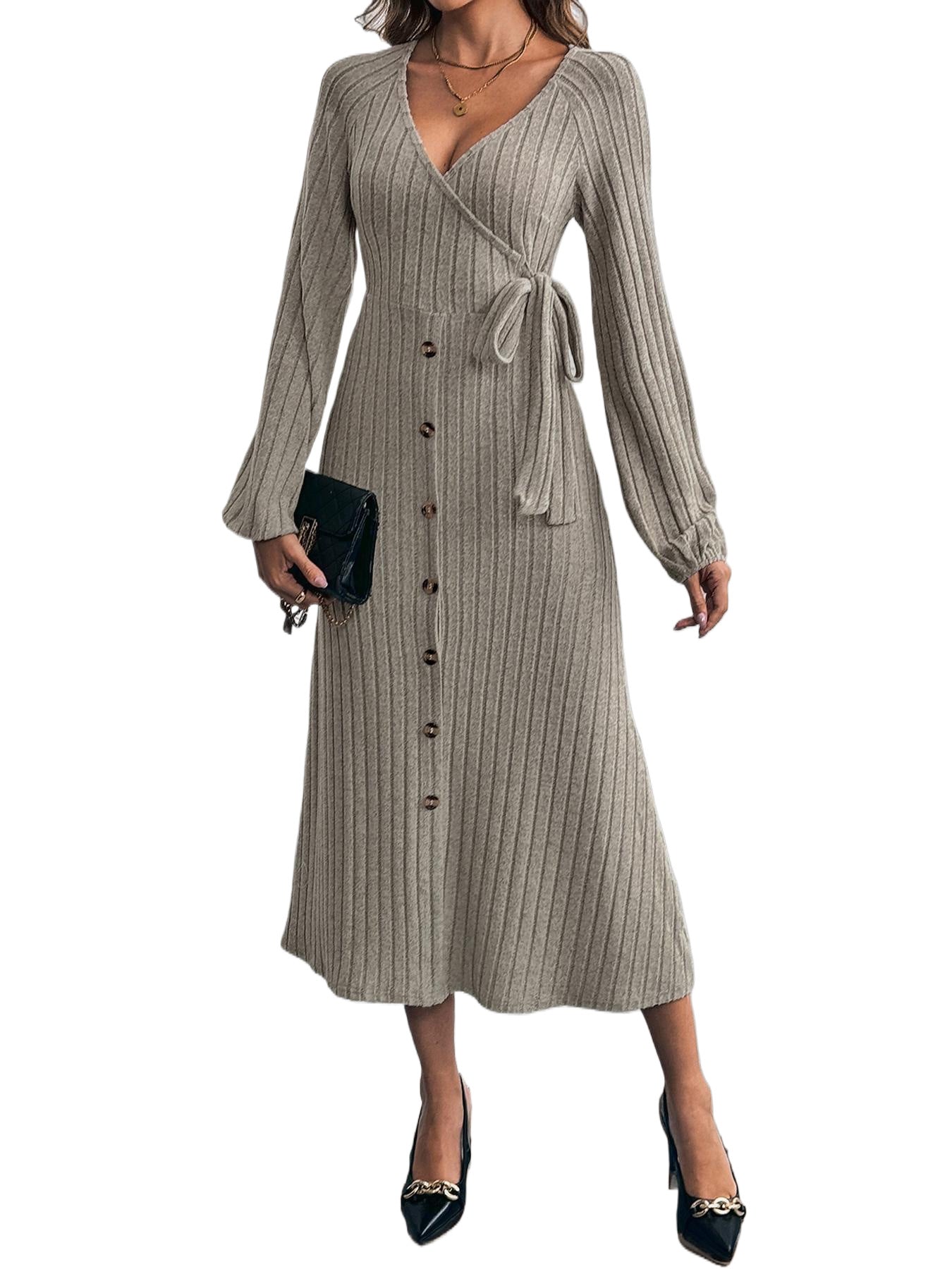 Solid Ribbed Knit Midi Dress with Wrap V-Neck and Button Front