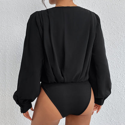 Blouson Bodysuit with Wrap V-Neck and Lantern Sleeves