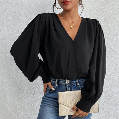 Blouson Bodysuit with Wrap V-Neck and Lantern Sleeves