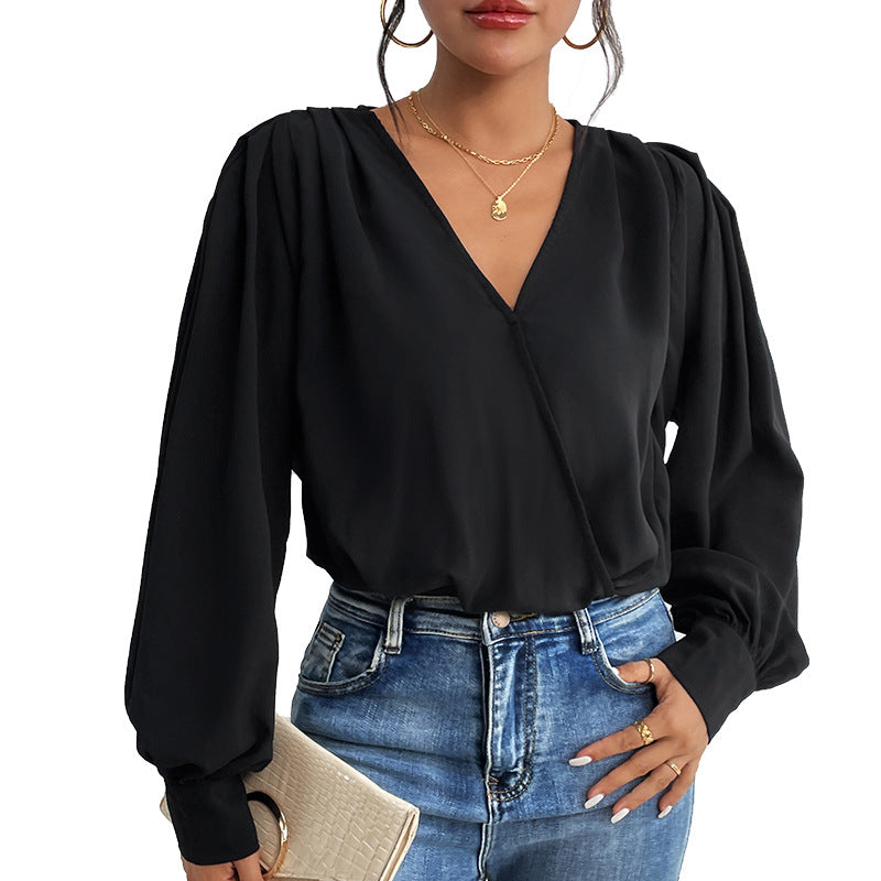 Blouson Bodysuit with Wrap V-Neck and Lantern Sleeves