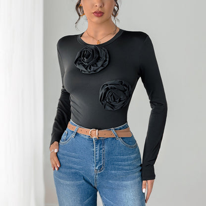 Bodycon Long Sleeve Bodysuit with 3D Flower Appliques
