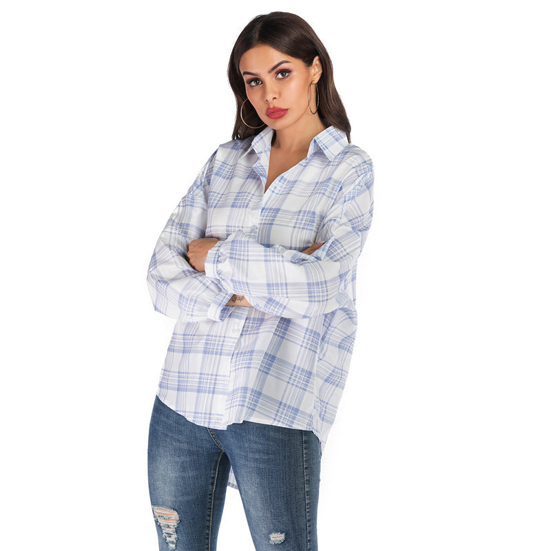 Oversized Plaid Button-Down Shirt with High-Low Hem