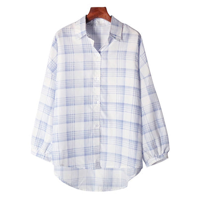 Oversized Plaid Button-Down Shirt with High-Low Hem