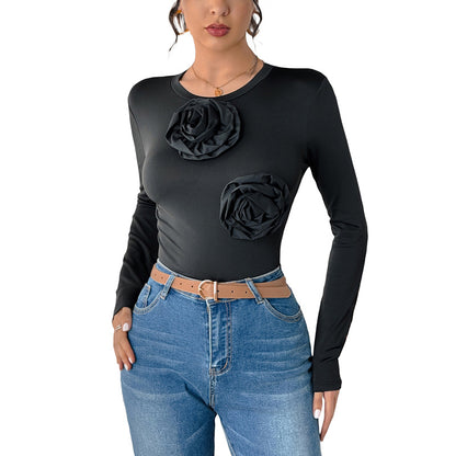 Bodycon Long Sleeve Bodysuit with 3D Flower Appliques