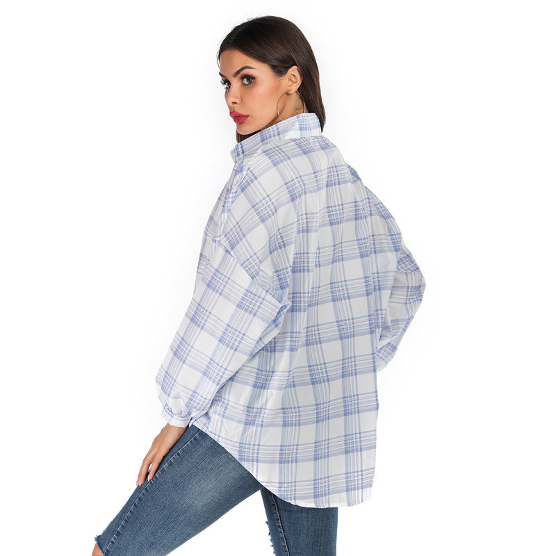 Oversized Plaid Button-Down Shirt with High-Low Hem