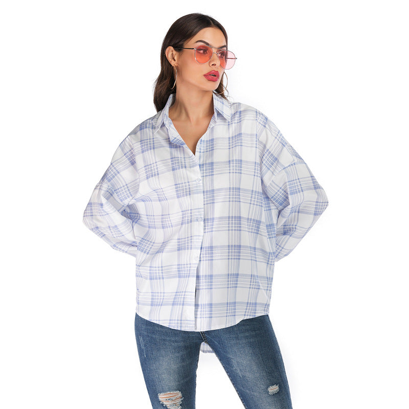 Oversized Plaid Button-Down Shirt with High-Low Hem