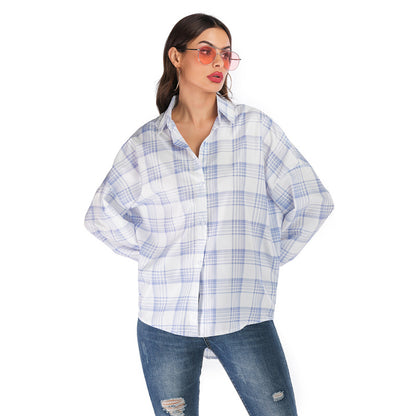 Oversized Plaid Button-Down Shirt with High-Low Hem