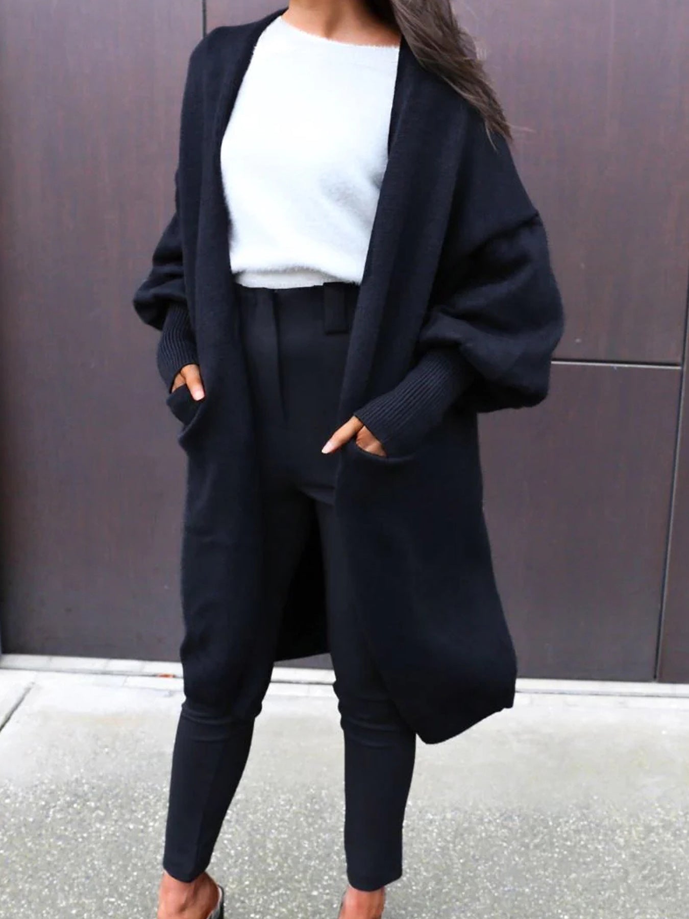 Longline Open-Front Cardigan with Puff Sleeves
