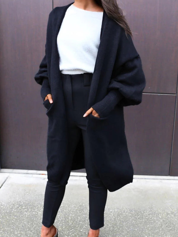Longline Open-Front Cardigan with Puff Sleeves