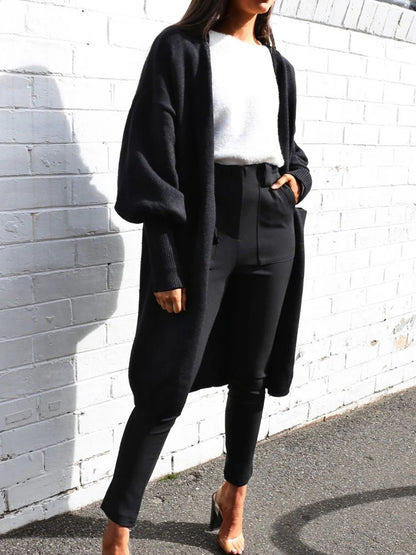Longline Open-Front Cardigan with Puff Sleeves