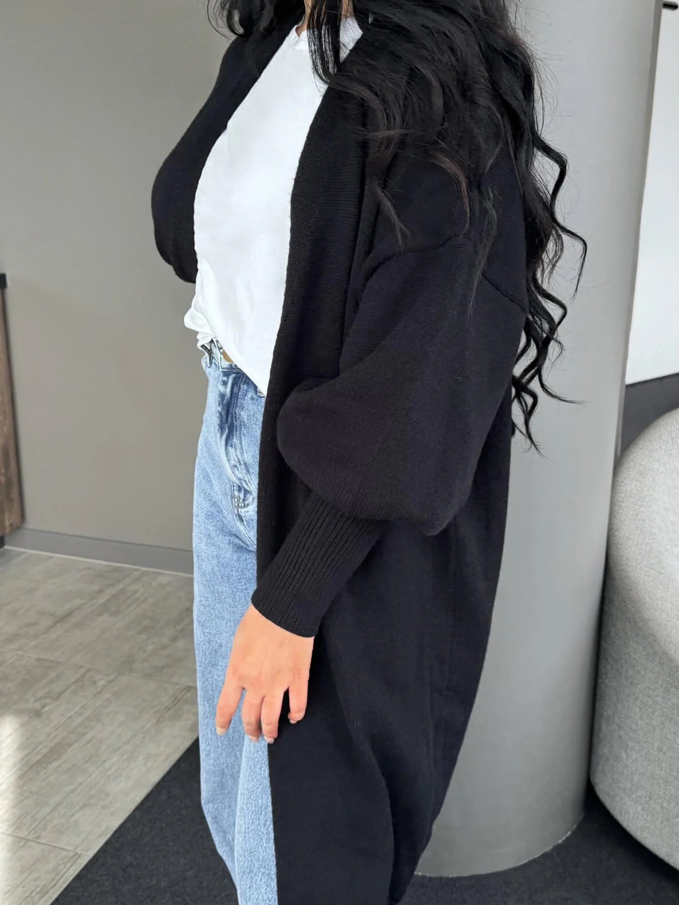 Longline Open-Front Cardigan with Puff Sleeves