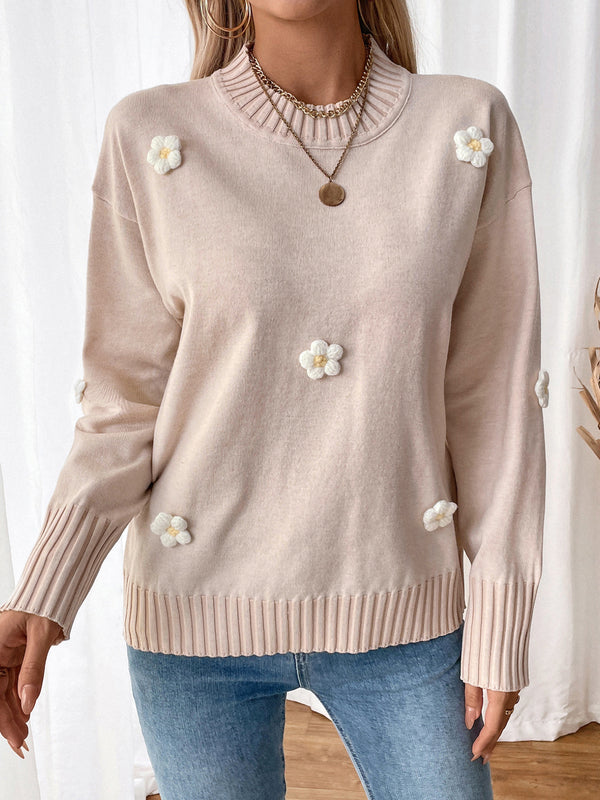 Loose Fit Crew Neck Sweater with Floral Appliqués