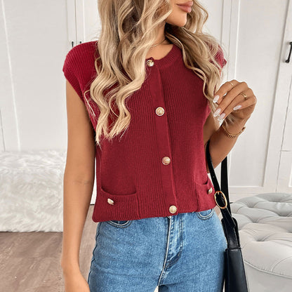 Solid Sleeveless Knit Cardigan with Gold Buttons