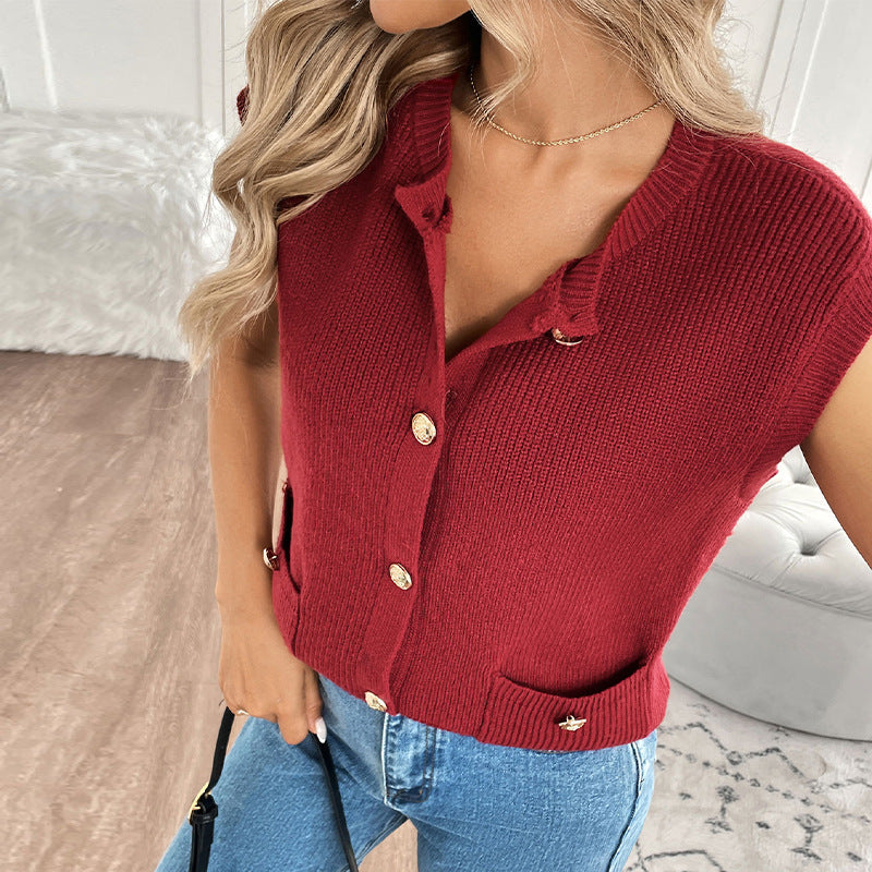 Solid Sleeveless Knit Cardigan with Gold Buttons