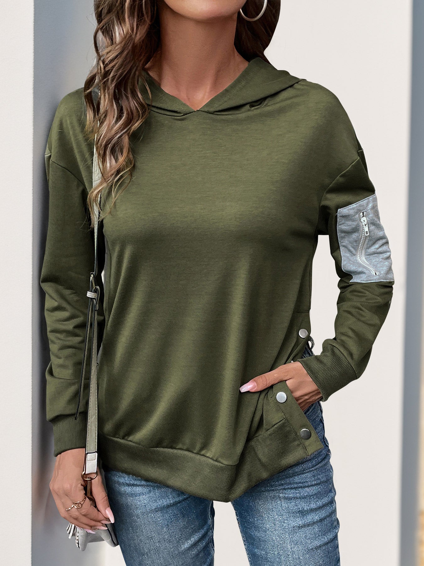 Color-Blocked Hoodie with Zipper Pocket and Side Snaps