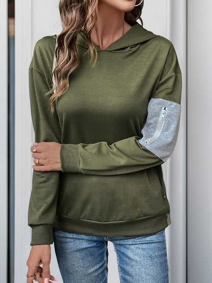 Color-Blocked Hoodie with Zipper Pocket and Side Snaps